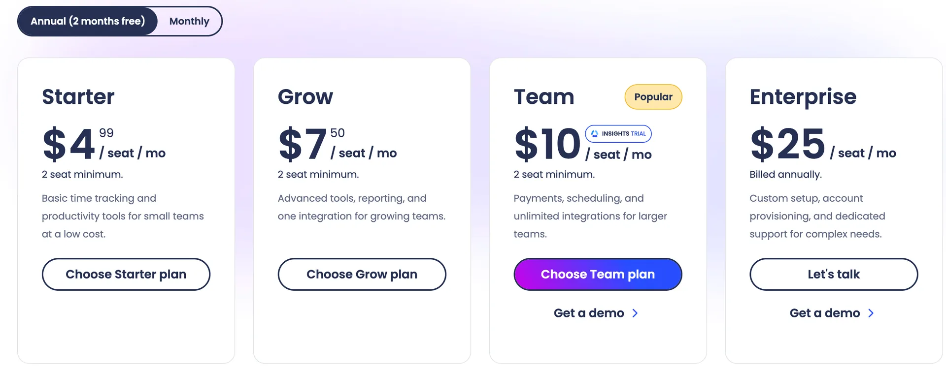 Hubstaff pricing page showing Starter, Grow, Team and Enterprise plans, October 2026