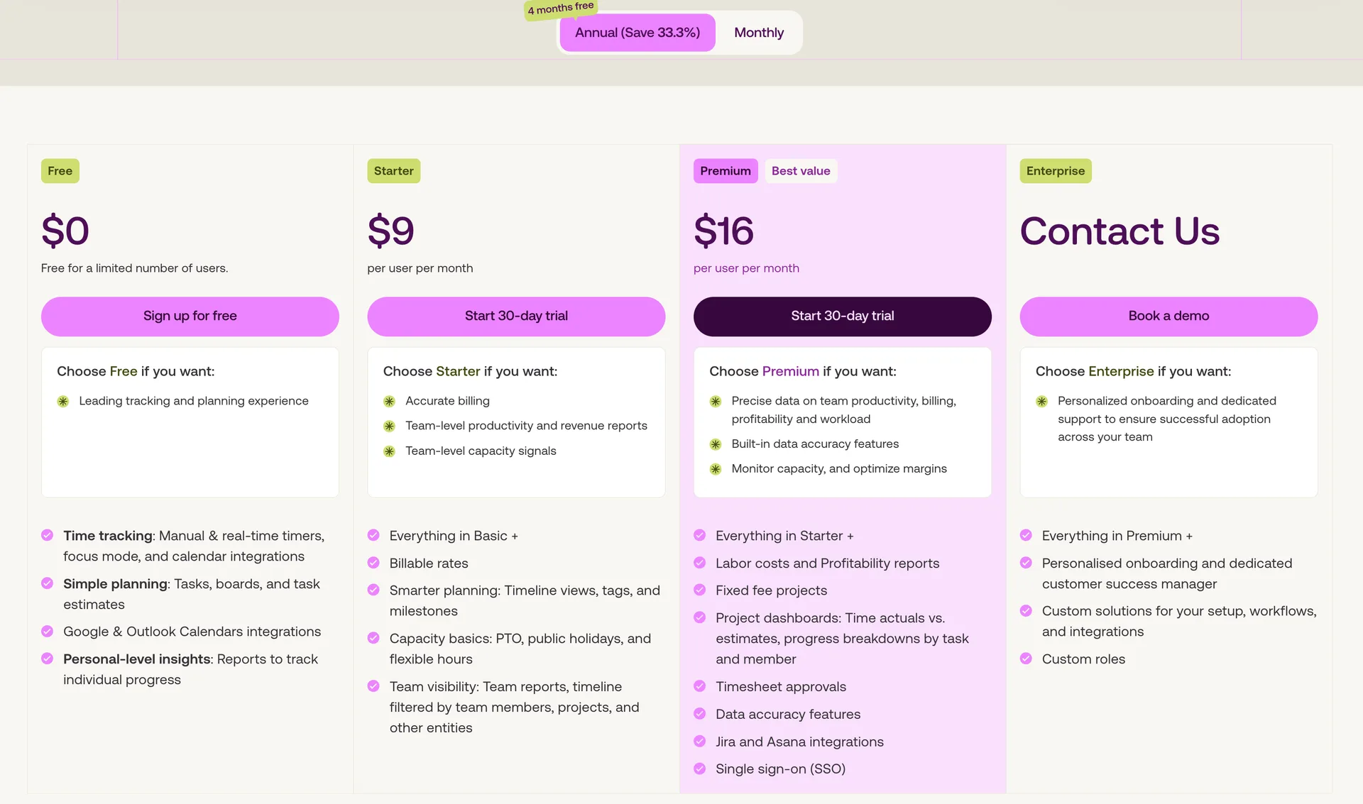 Toggl pricing page showing Free, Starter, Premium and Enterprise plans, October 2026