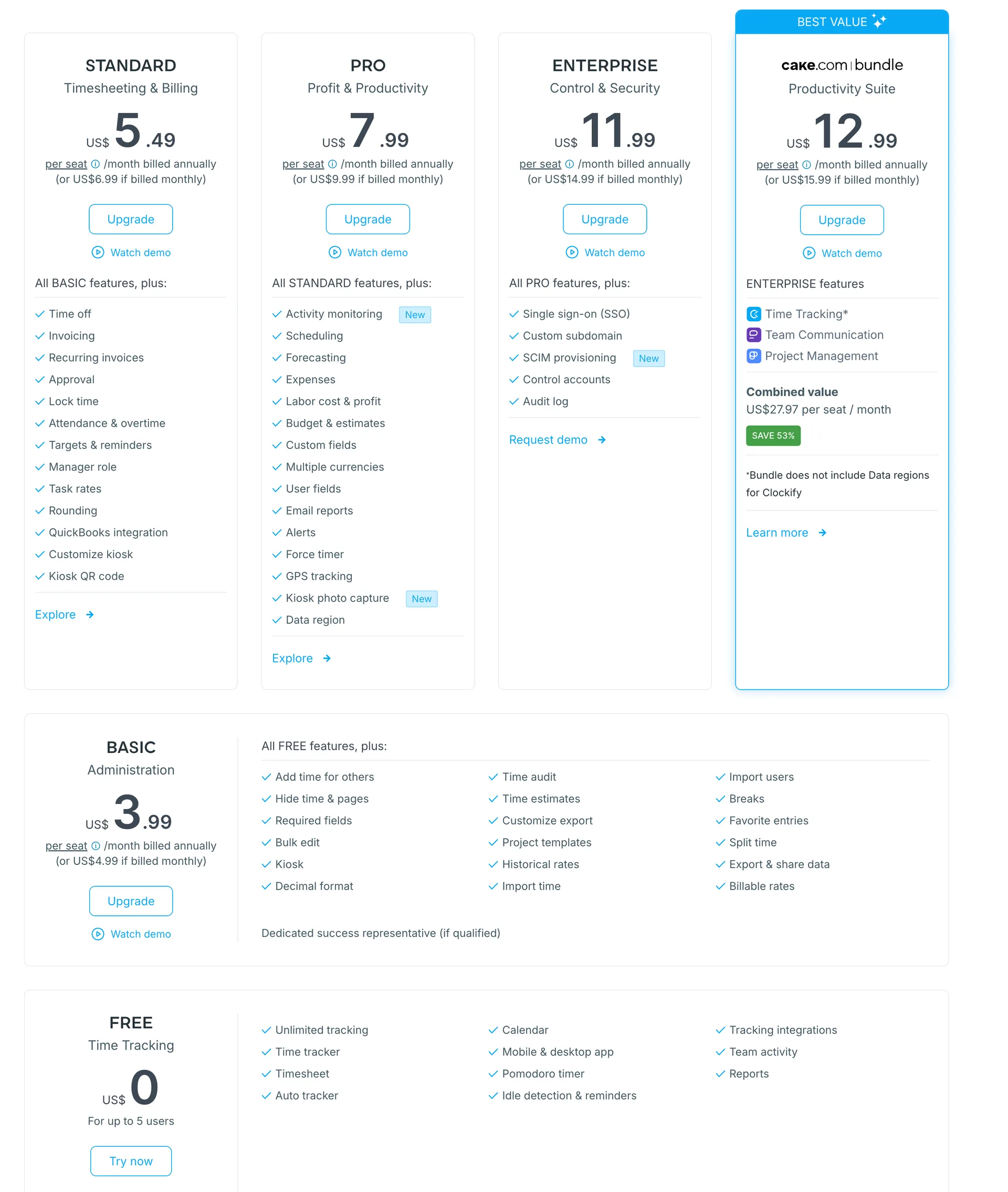 Alt text: Clockify pricing page showing Free, Basic, Standard, Pro and Enterprise plans, October 2026